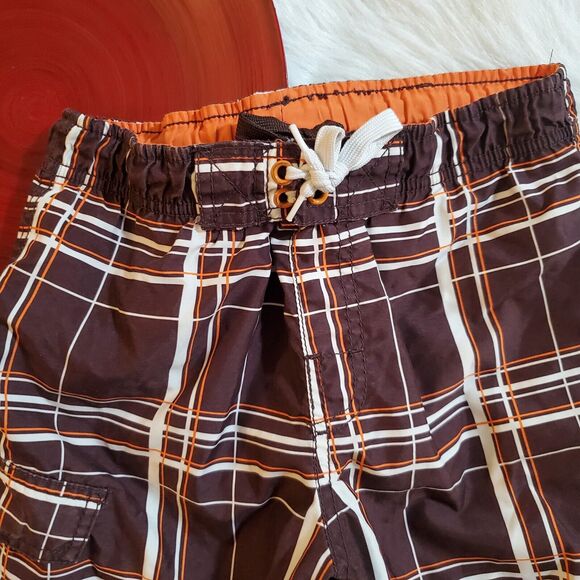 Mossimo Boys Swim Trunks Size XS 4/5 Brown Plaid Mesh Lined Drawstring Pockets - Picture 4 of 9
